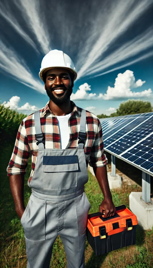 DALL·E 2024-07-20 16.47.54 - A black man in a construction outfit standing outdoors with a blue sky in the background. He is wearing a hard hat, a plaid shirt, and gray overalls,